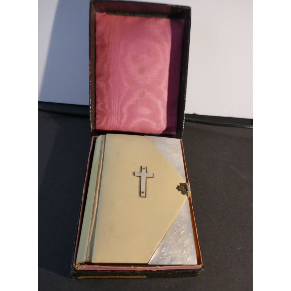 Antique 1899 First Communion Gift German Prayer Book Faux Ivory & MOP